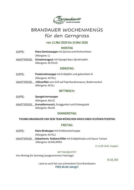 Brandauer GERNGROSS Wochenmenü 11.05-15.05.2026