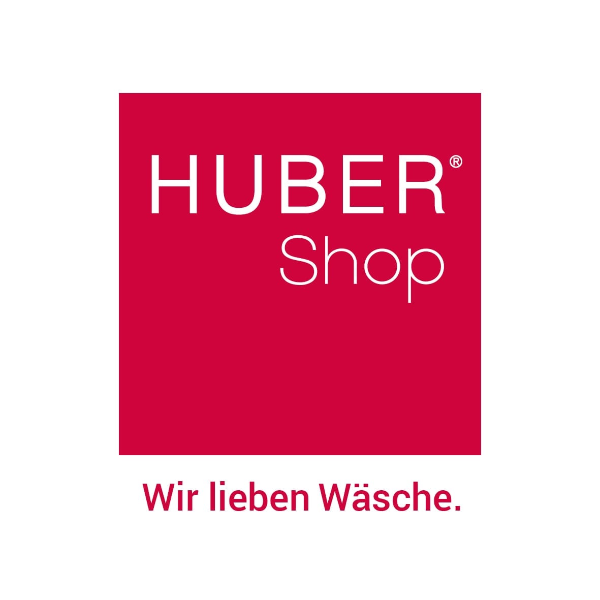 Huber Shop Logo weiße Schrift auf rotem Hintergrund