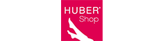 Huber Shop Logo. Symbolic legs in white and Huber Shop lettering also in white. red background.