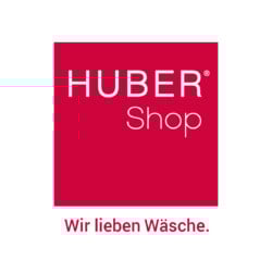 Huber Shop Logo weiße Schrift auf rotem Hintergrund